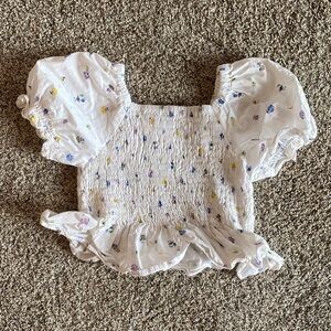 Zara 18-24 month White Puff Sleeve Smocked Crop Top with Tiny Floral Print